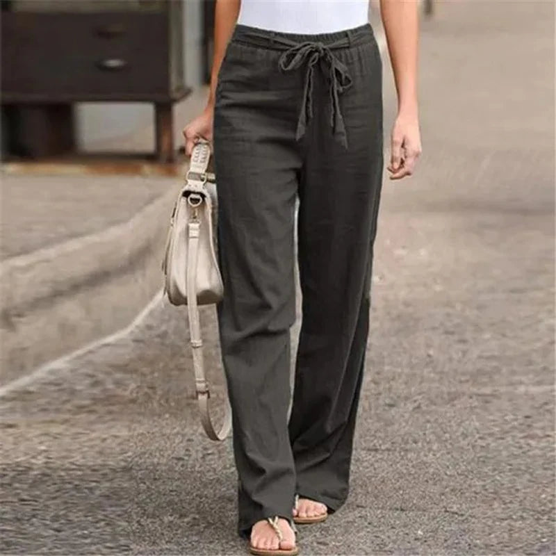 Cotton Linen Wide-Leg Pants - Lace-Up Casual Trousers