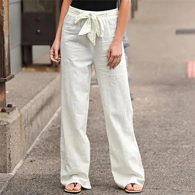 Cotton Linen Wide-Leg Pants - Lace-Up Casual Trousers