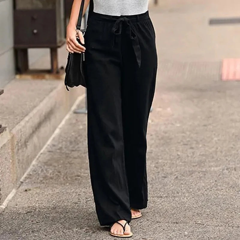 Cotton Linen Wide-Leg Pants - Lace-Up Casual Trousers