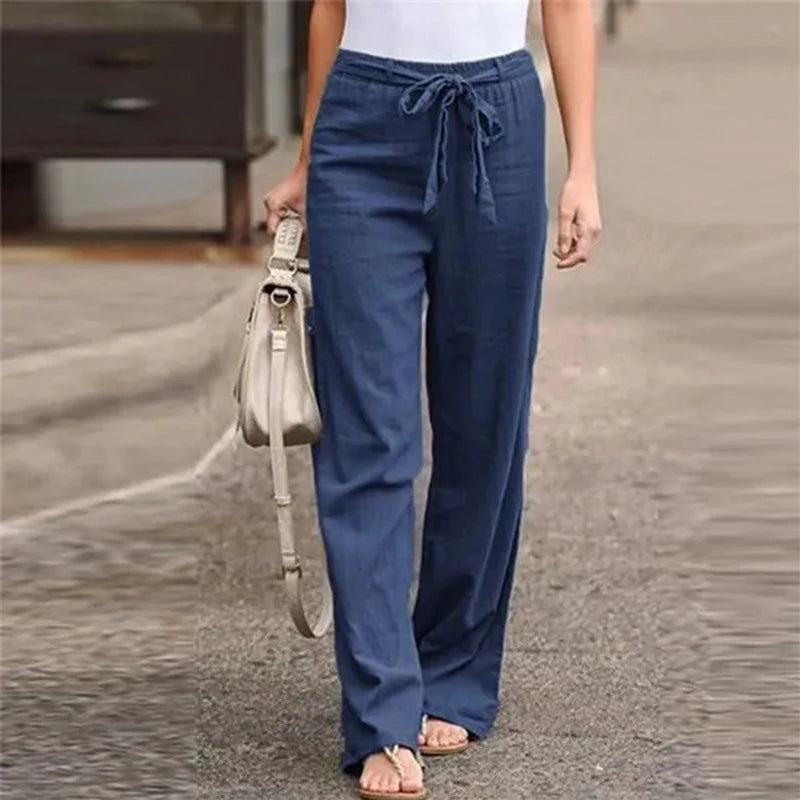 Cotton Linen Wide-Leg Pants - Lace-Up Casual Trousers