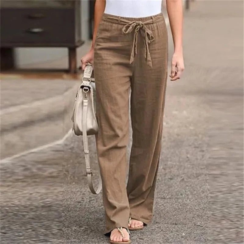 Cotton Linen Wide-Leg Pants - Lace-Up Casual Trousers