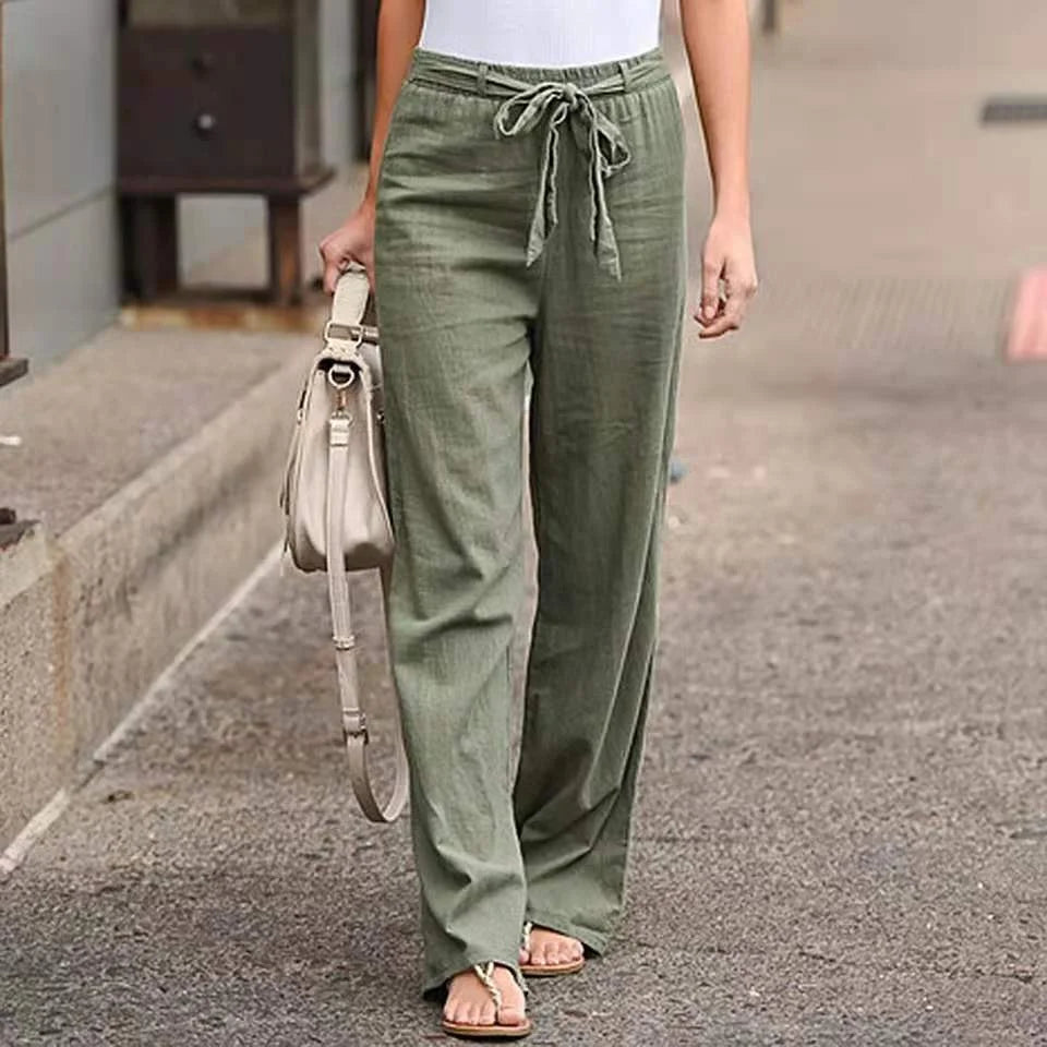 Cotton Linen Wide-Leg Pants - Lace-Up Casual Trousers