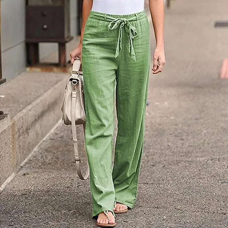 Cotton Linen Wide-Leg Pants - Lace-Up Casual Trousers