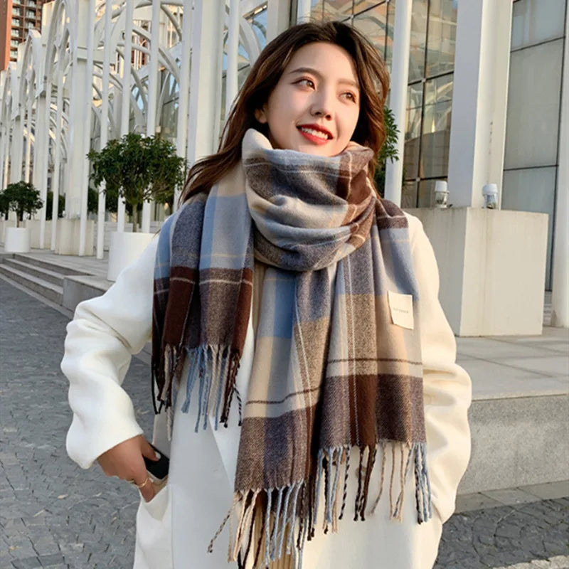Luxury Plaid Tassel Scarf - Long Cashmere-Feel Shawl