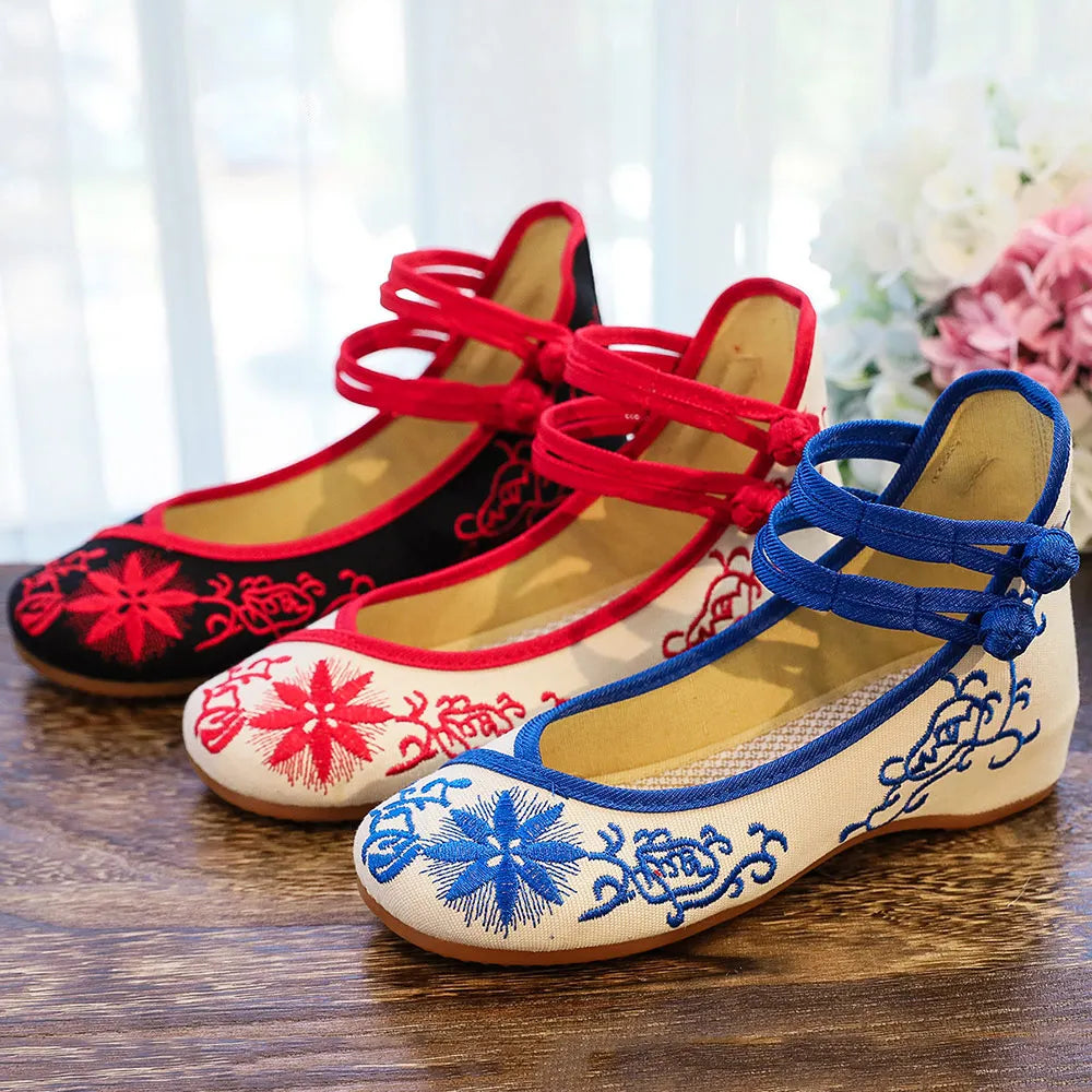 Premium Embroidered Ballet Flats - Ankle Strap Canvas Shoes