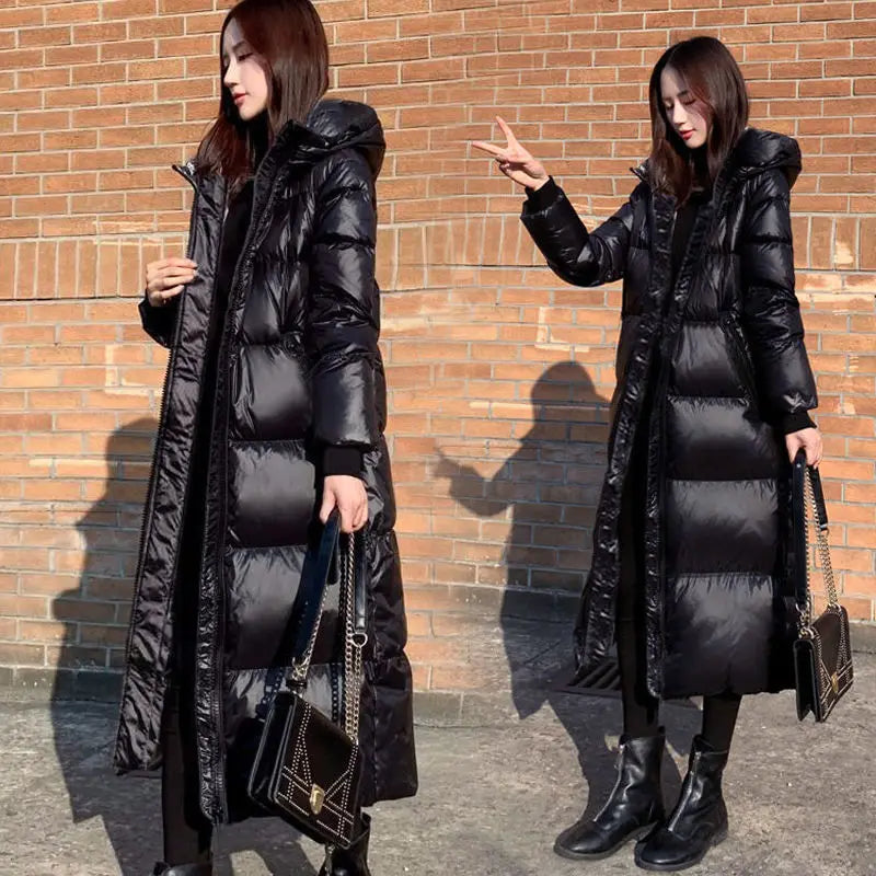 Glossy Hooded Winter Parka - Windproof Long Puffer Coat