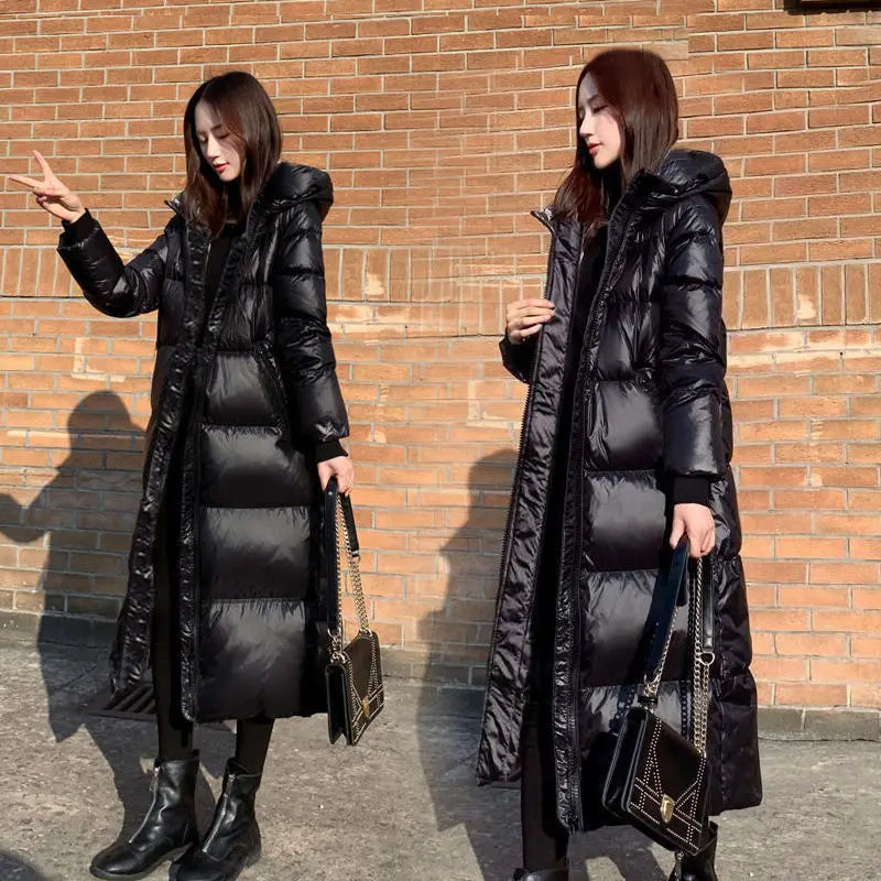 Glossy Hooded Winter Parka - Windproof Long Puffer Coat
