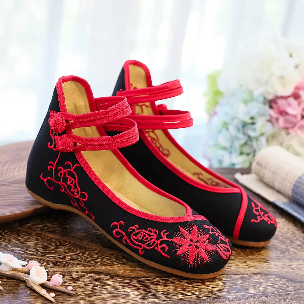Premium Embroidered Ballet Flats - Ankle Strap Canvas Shoes