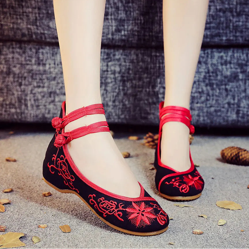 Premium Embroidered Ballet Flats - Ankle Strap Canvas Shoes