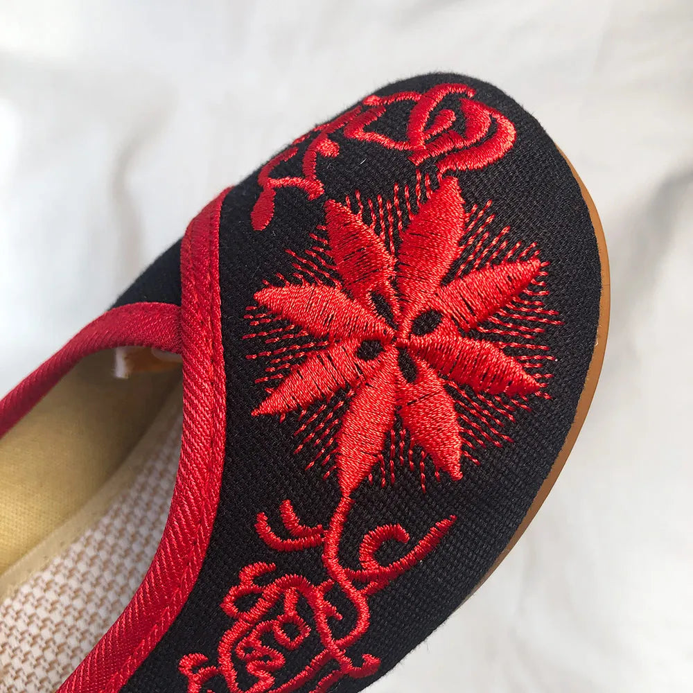 Premium Embroidered Ballet Flats - Ankle Strap Canvas Shoes