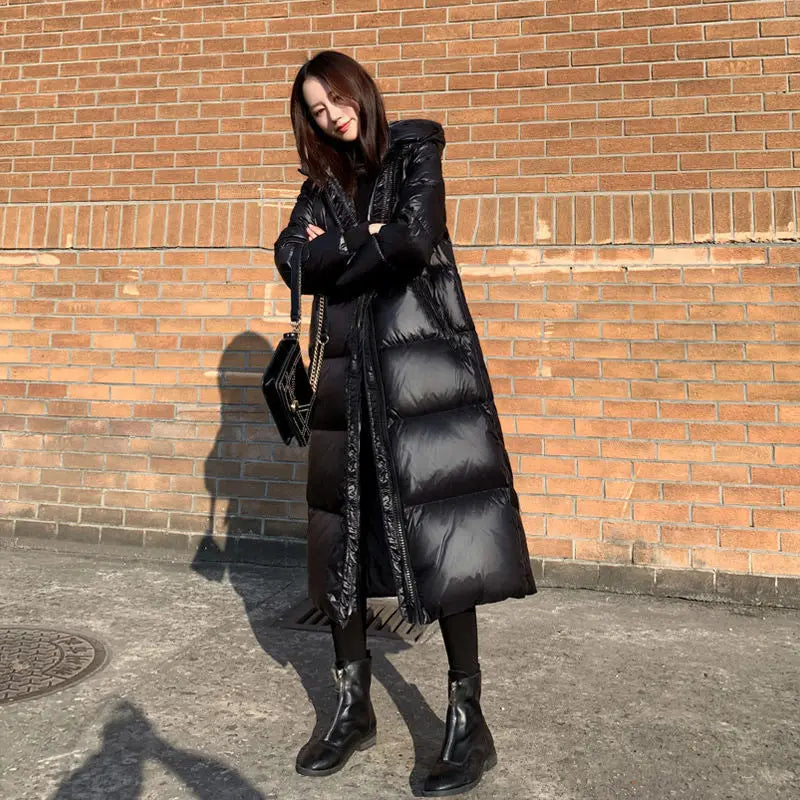 Glossy Hooded Winter Parka - Windproof Long Puffer Coat