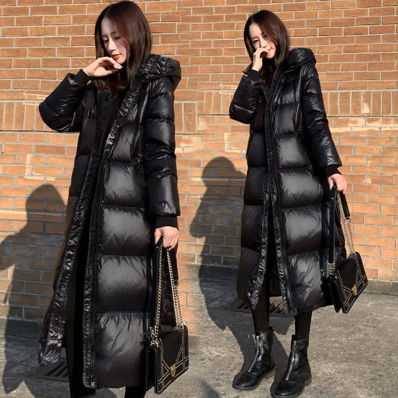 Glossy Hooded Winter Parka - Windproof Long Puffer Coat