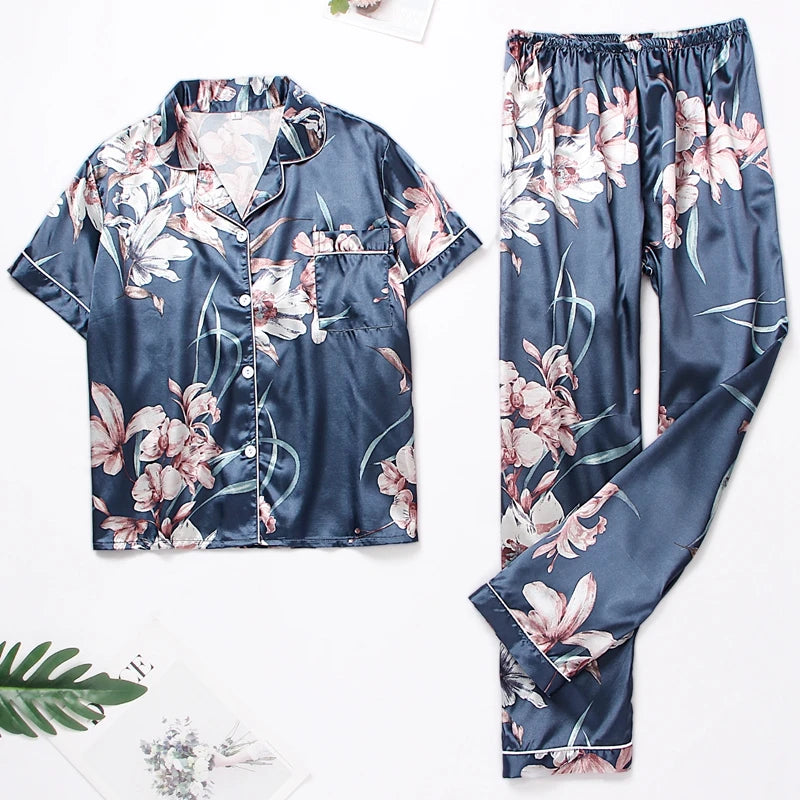 Satin Pajama Set - Soft Floral Two-Piece Sleepwear