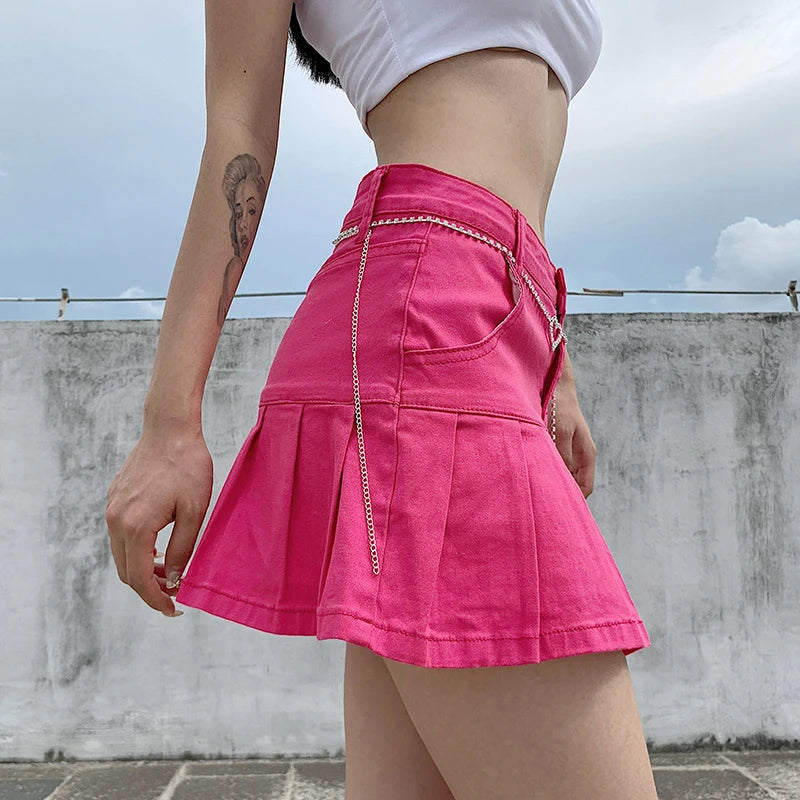 Premium Denim Pleated Mini Skirt - High Waist Y2K Style