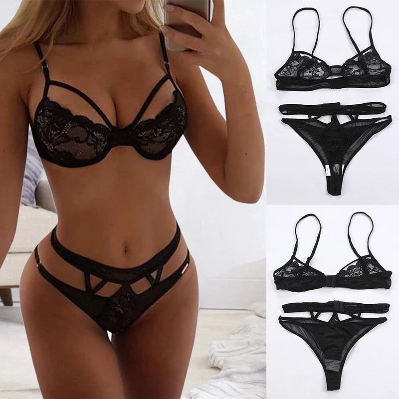 Lace Bra & Thong Lingerie Set - Romantic Push-Up Design