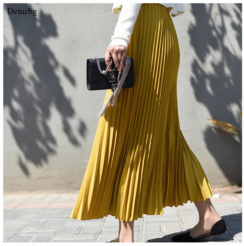 Premium Chiffon Pleated Midi Skirt - High Waist Korean Style