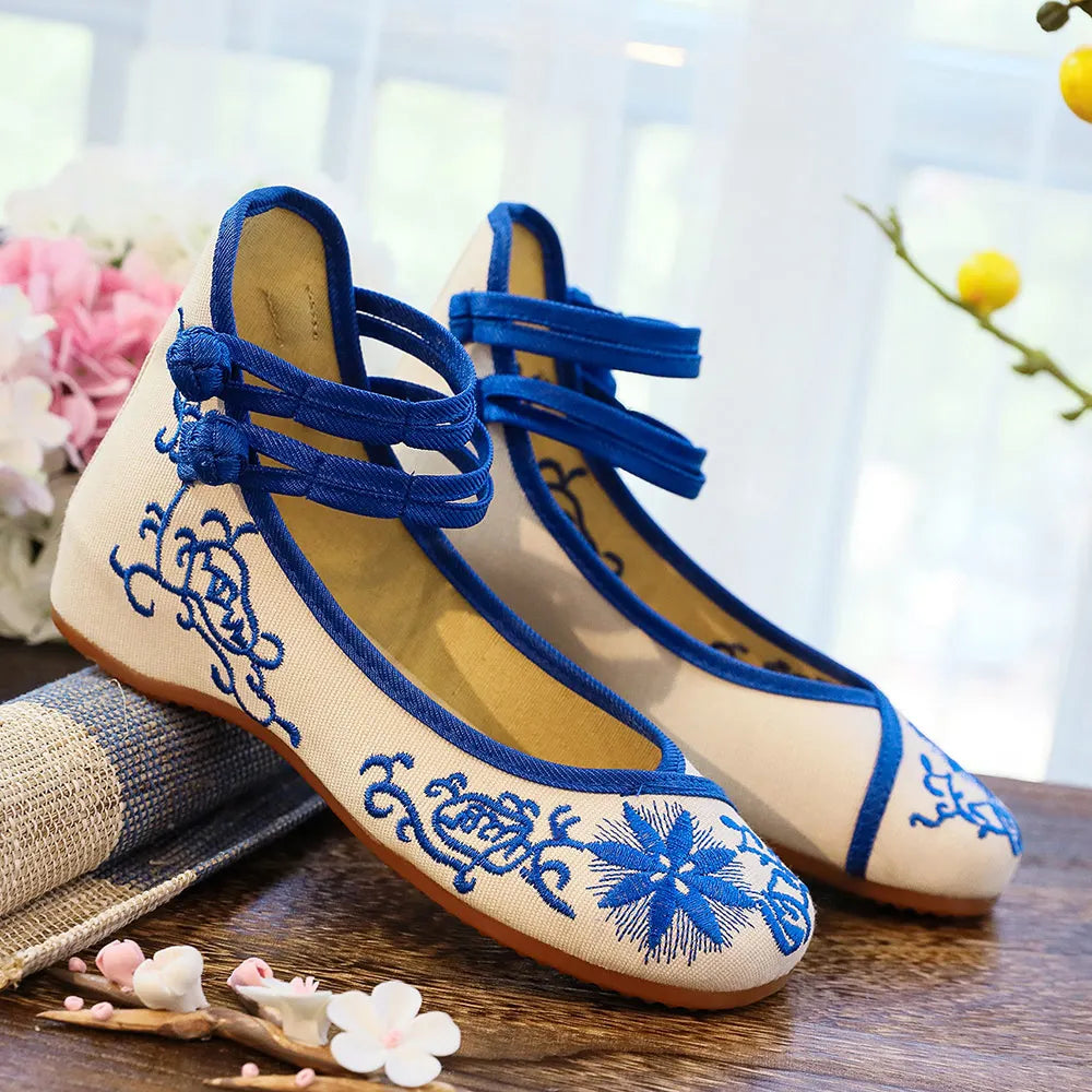 Premium Embroidered Ballet Flats - Ankle Strap Canvas Shoes