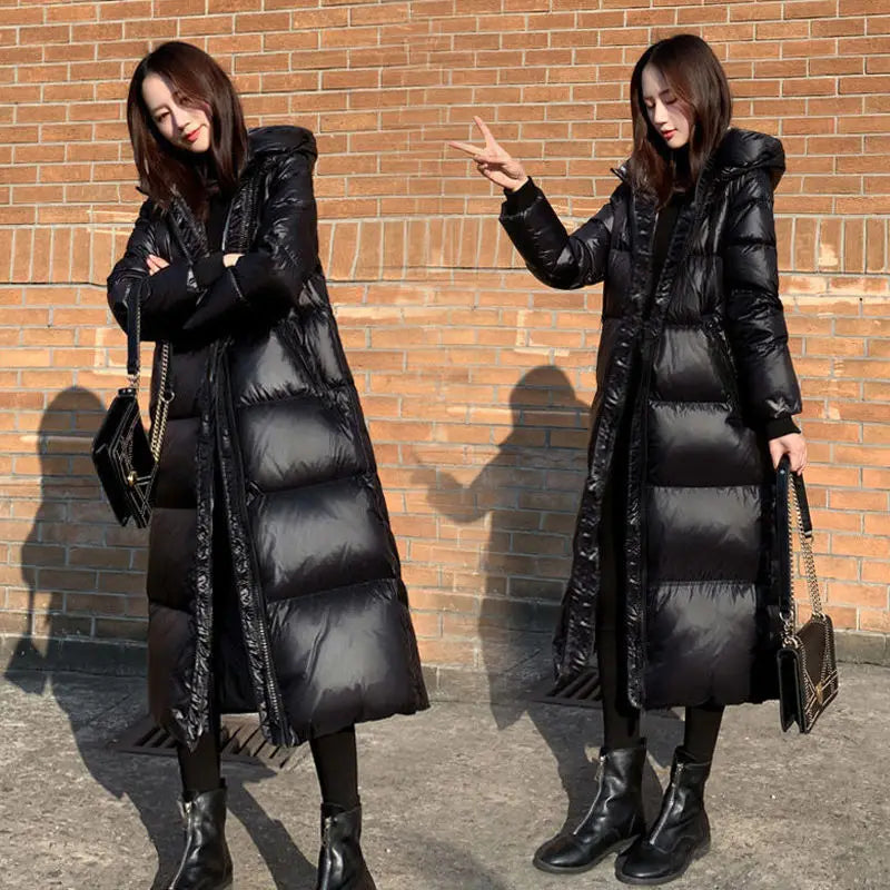 Glossy Hooded Winter Parka - Windproof Long Puffer Coat
