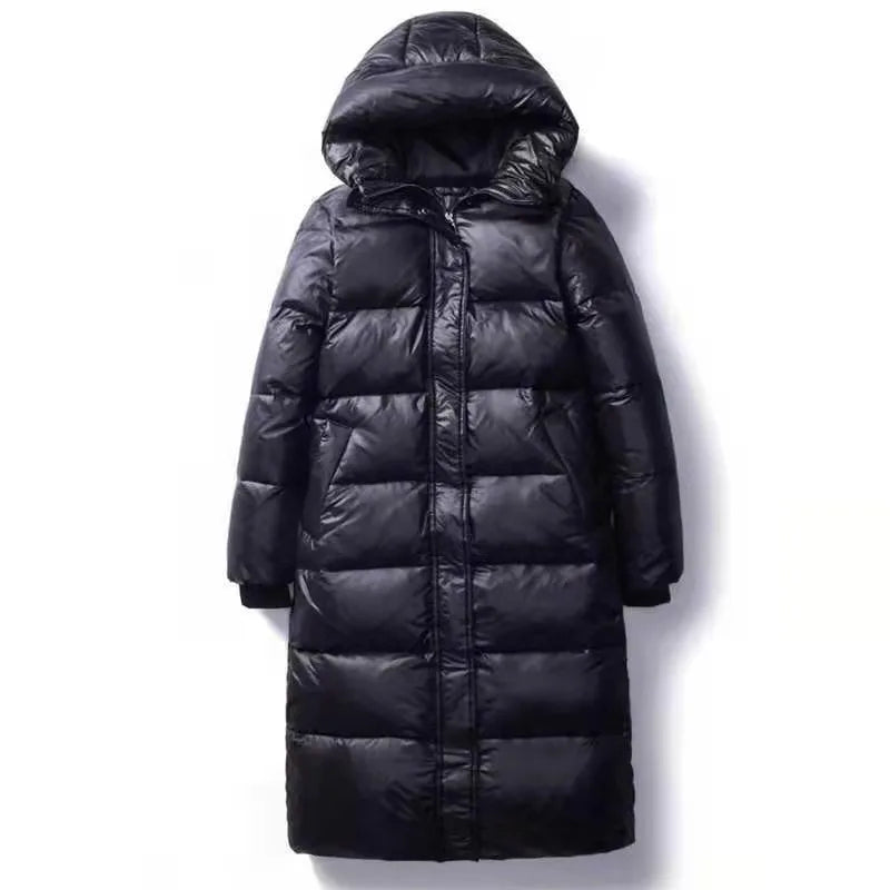 Glossy Hooded Winter Parka - Windproof Long Puffer Coat