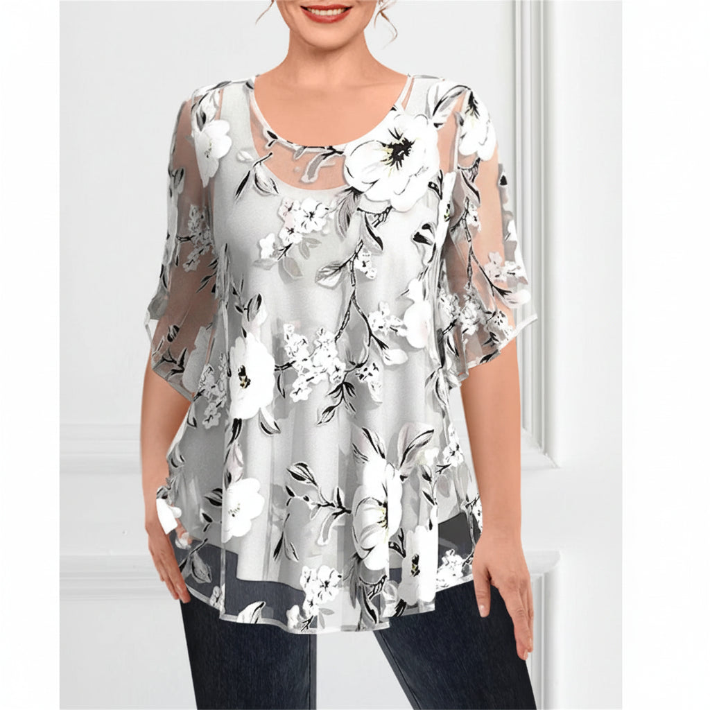 Dressy Plus Size Chiffon Floral Blouse - Layered Look