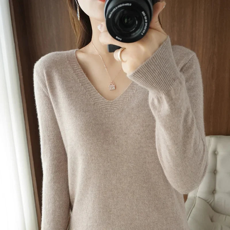 Premium V-Neck Knit Sweater - Soft Solid Color Pullover