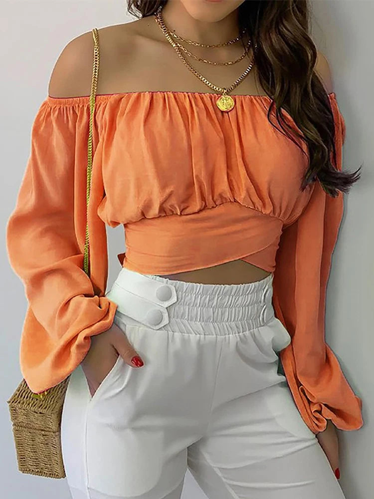 Off-Shoulder Lantern Sleeve Blouse - Lace-Up Cropped Top