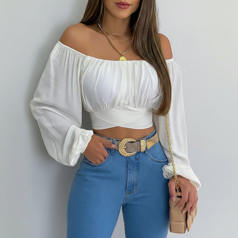 Off-Shoulder Lantern Sleeve Blouse - Lace-Up Cropped Top