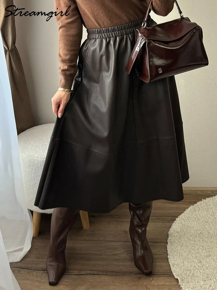 Premium PU Leather Midi Skirt - High Waist A-Line Design