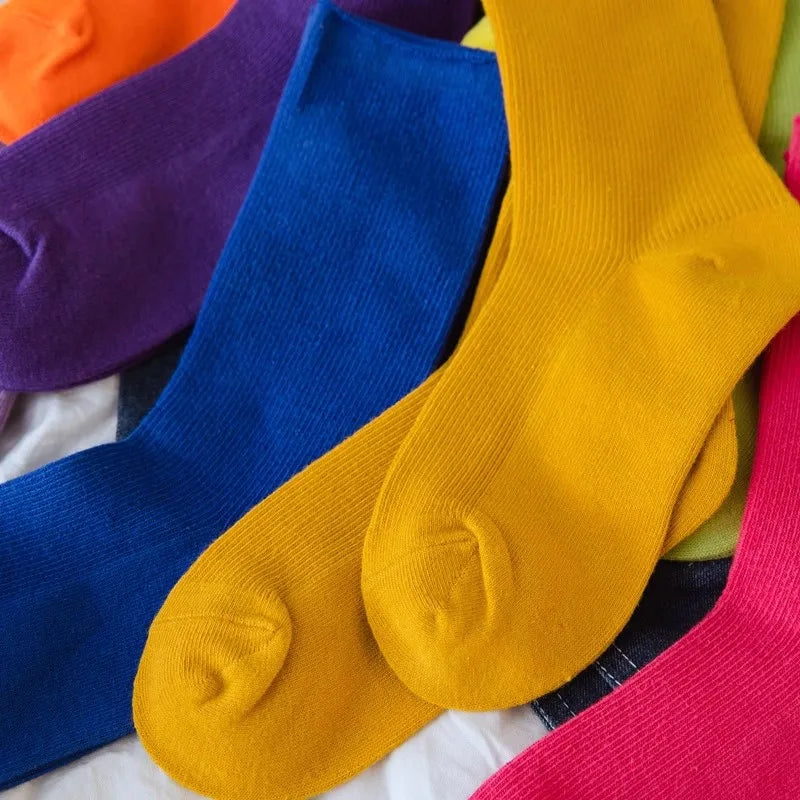 Solid Color Crew Socks - Breathable Preppy Mid-Calf Style