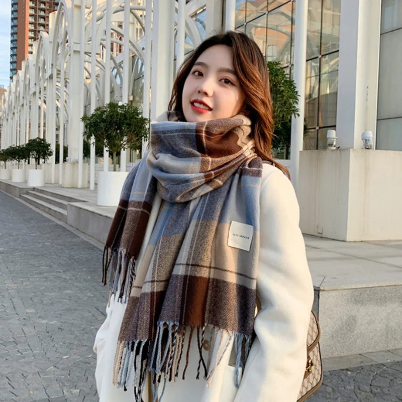 Luxury Plaid Tassel Scarf - Long Cashmere-Feel Shawl
