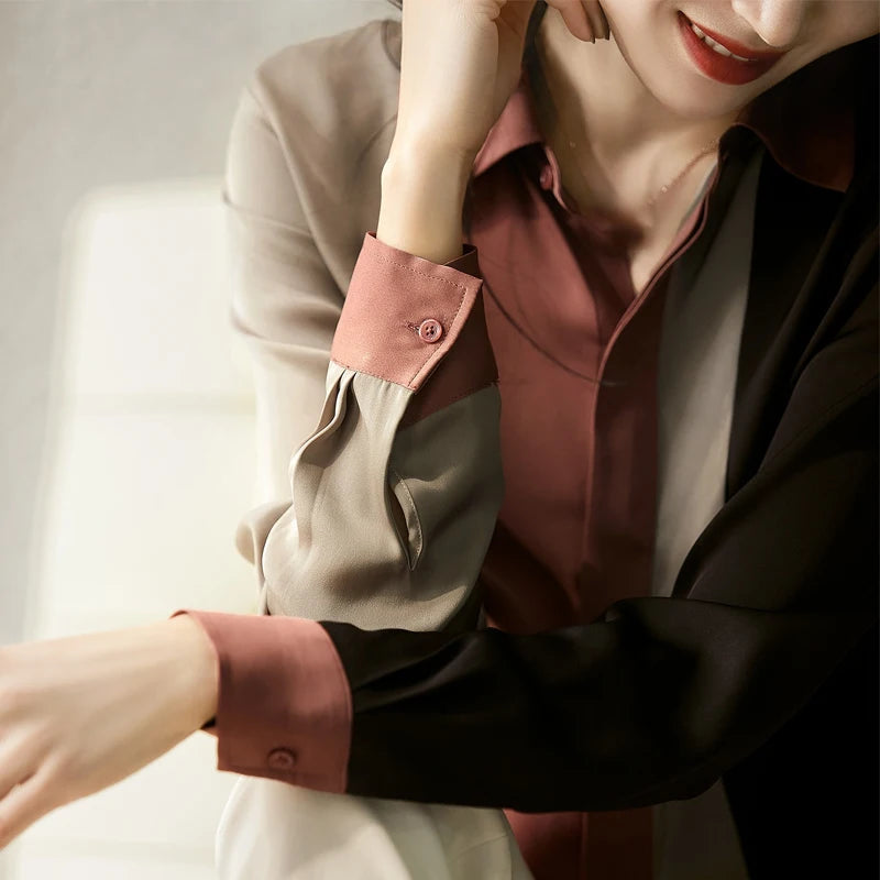 Satin Button Blouse - Long Sleeve Polo Collar Shirt
