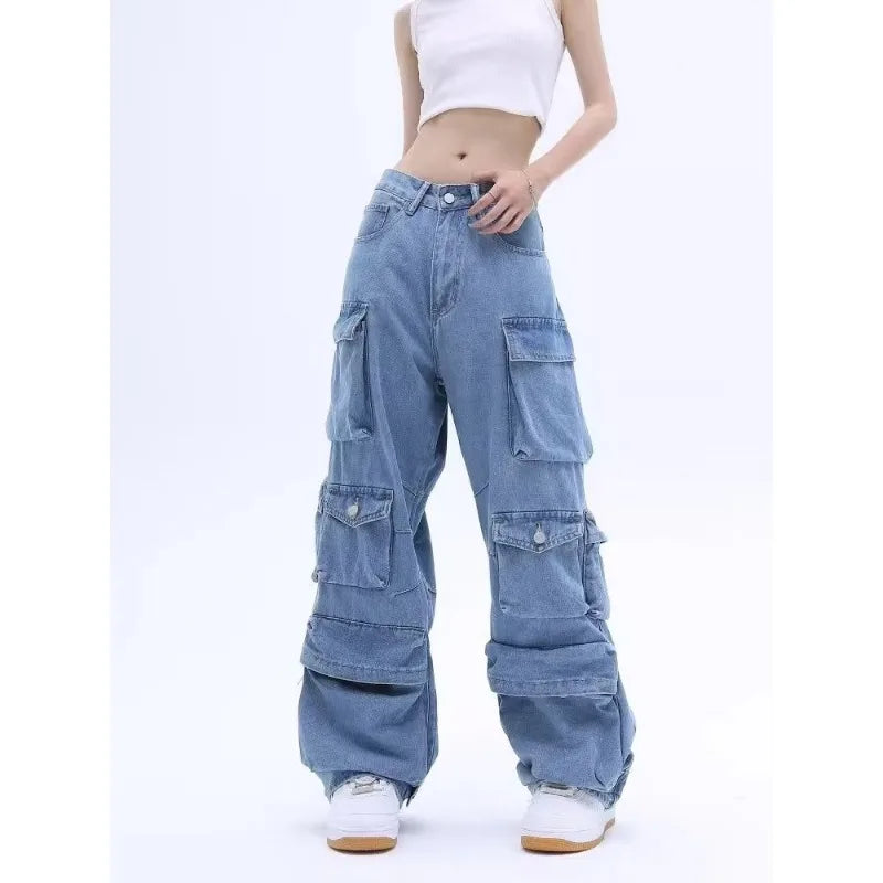 Cargo High-Waist Washed Wide-Leg Jeans - Denim Streetwear