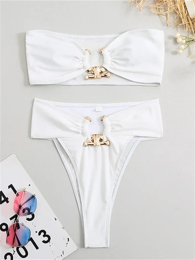 High Waist Bandeau Bikini Set - Metal Detail Push-Up Style