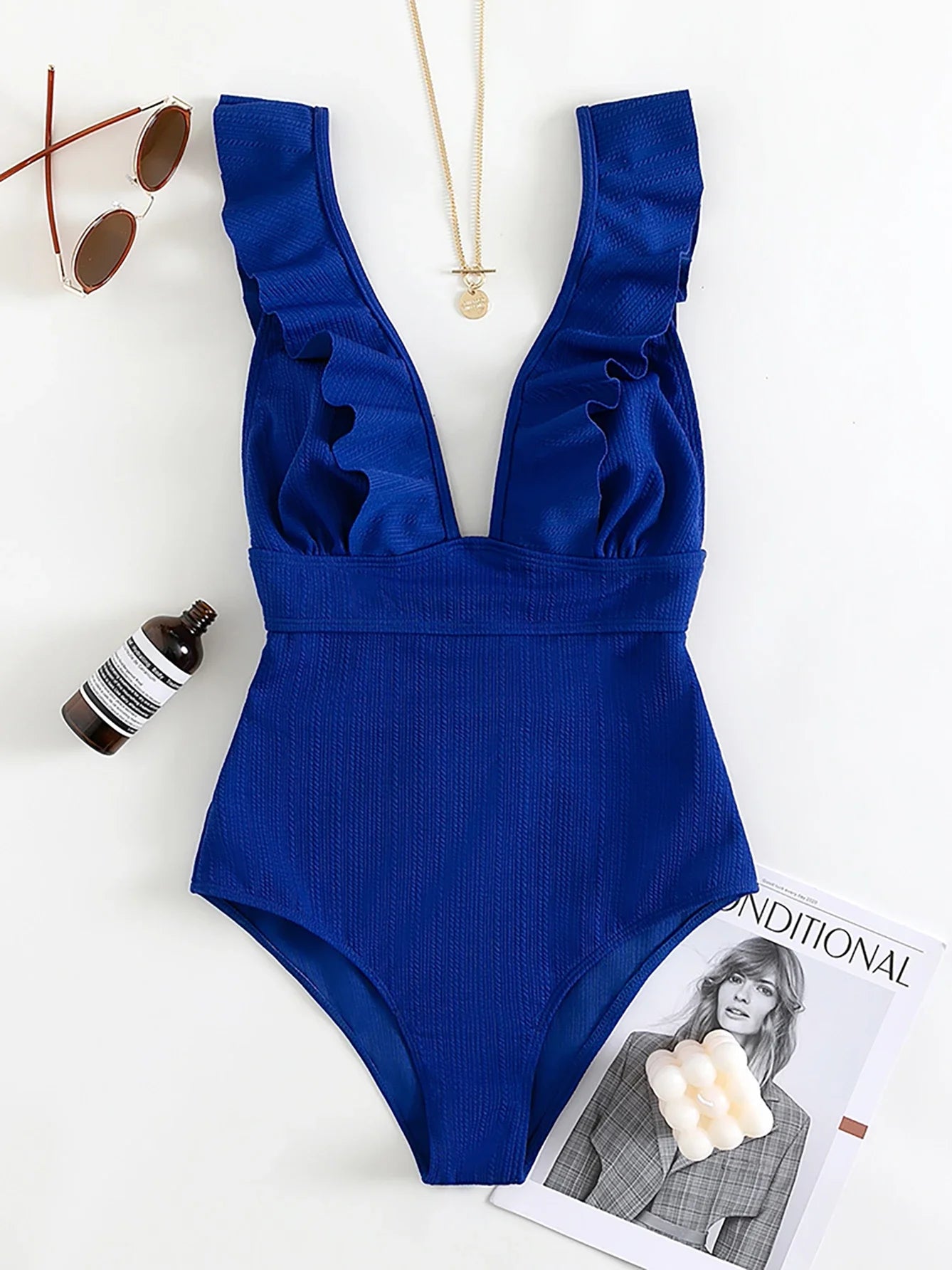 Deep V Ruffle One-Piece Swimsuit - Adjustable Strap Monokini