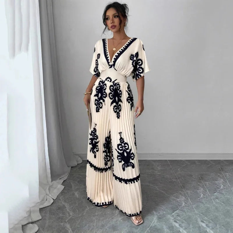 Deep V-Neck Short Sleeve Wide-Leg Jumpsuit - Elegant One-Piece