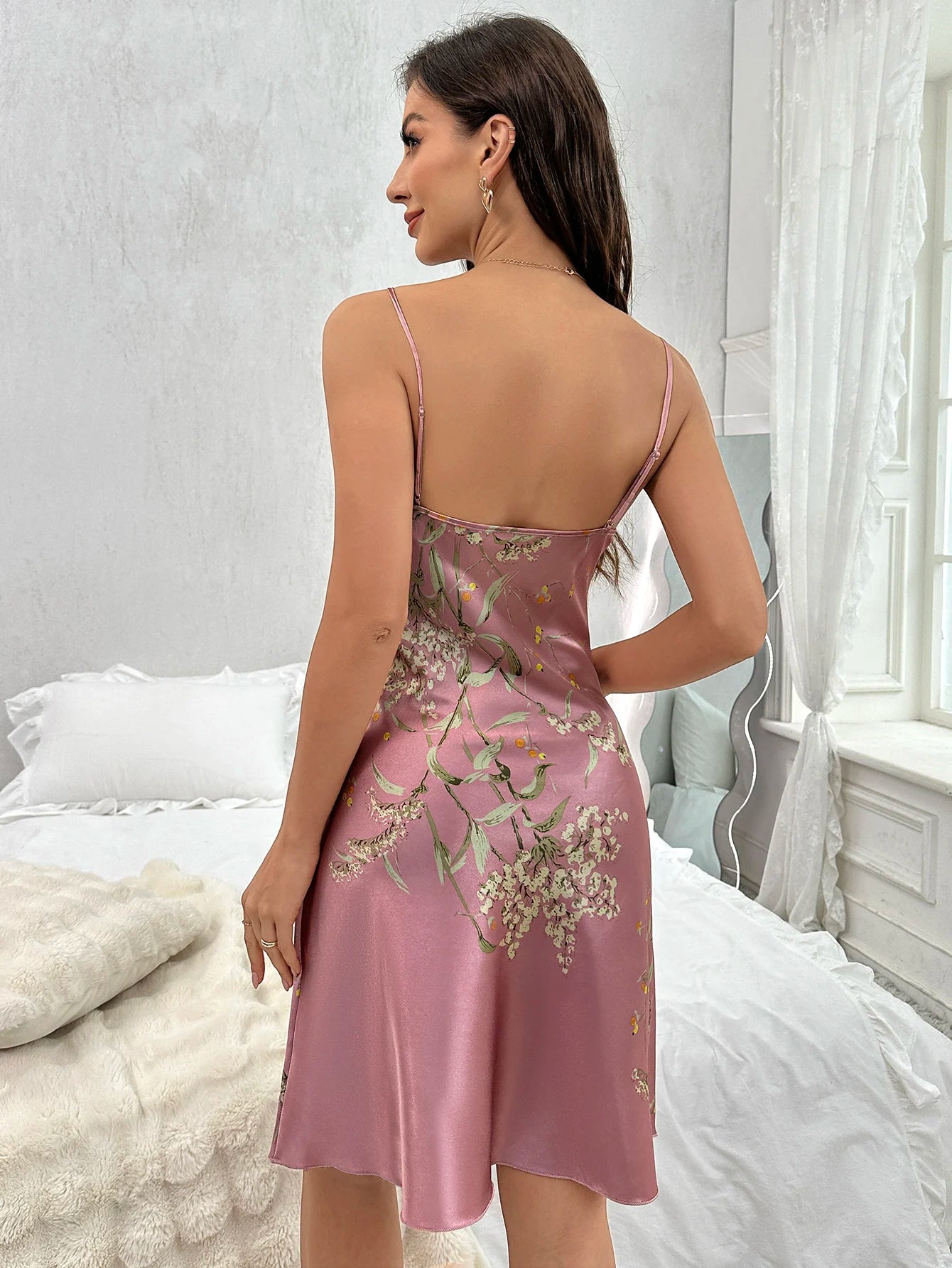 Floral Satin Nightdress - Lace-Trim V-Neck Sleepwear