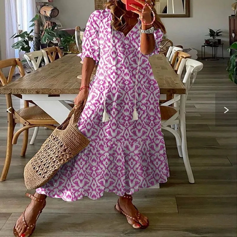 Bohemian Floral Maxi Dress - Relaxed V-Neck Summer Style