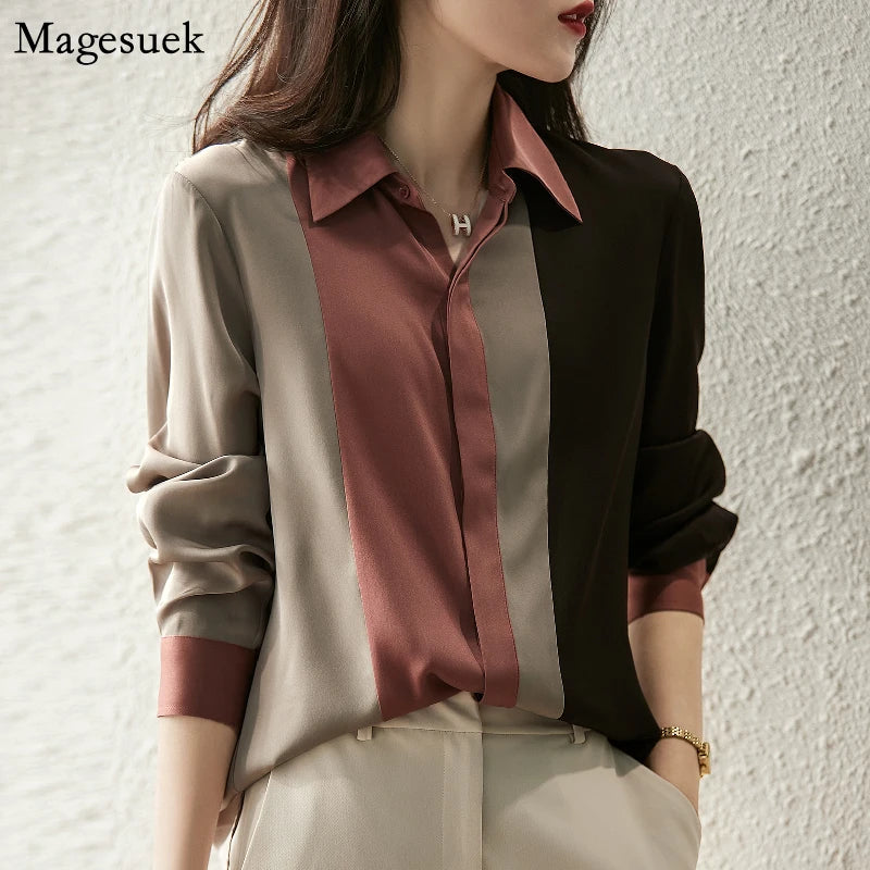 Satin Button Blouse - Long Sleeve Polo Collar Shirt