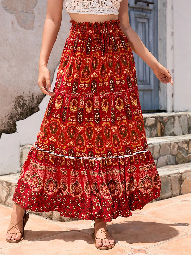 Premium Bohemian Floral A-Line Skirt - Flowing Vacation Style