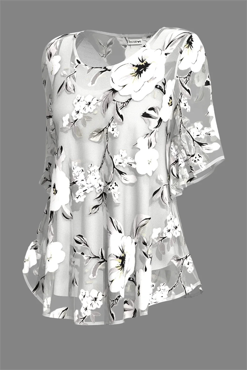 Dressy Plus Size Chiffon Floral Blouse - Layered Look