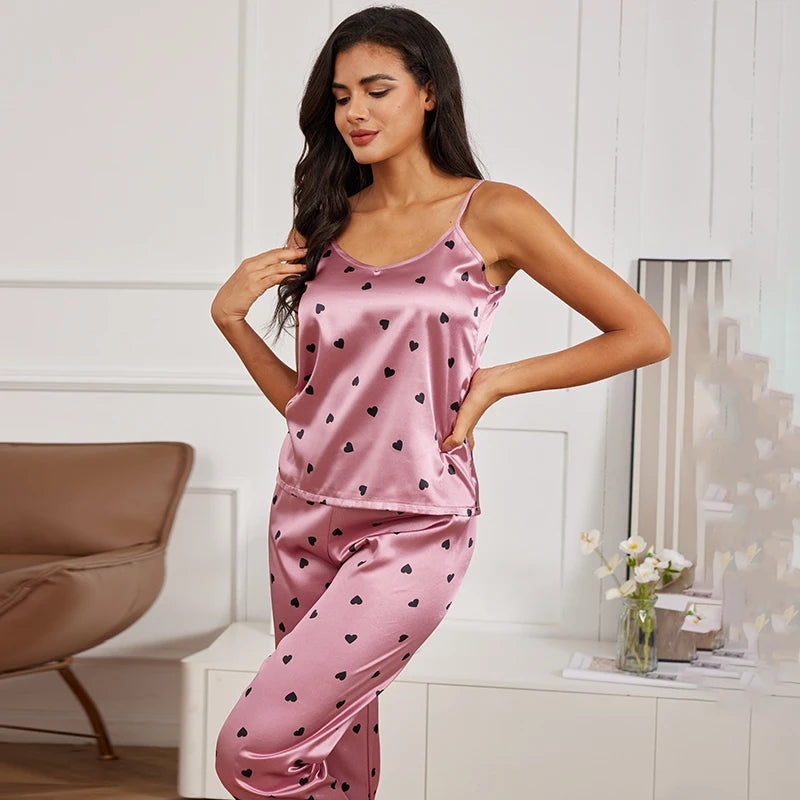 Satin Lace Cami Pajama Set - Elegant Two-Piece Sleepwear