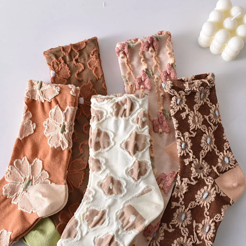 Retro Embroidered Flower Socks - 5 Pair Cozy Gift Set