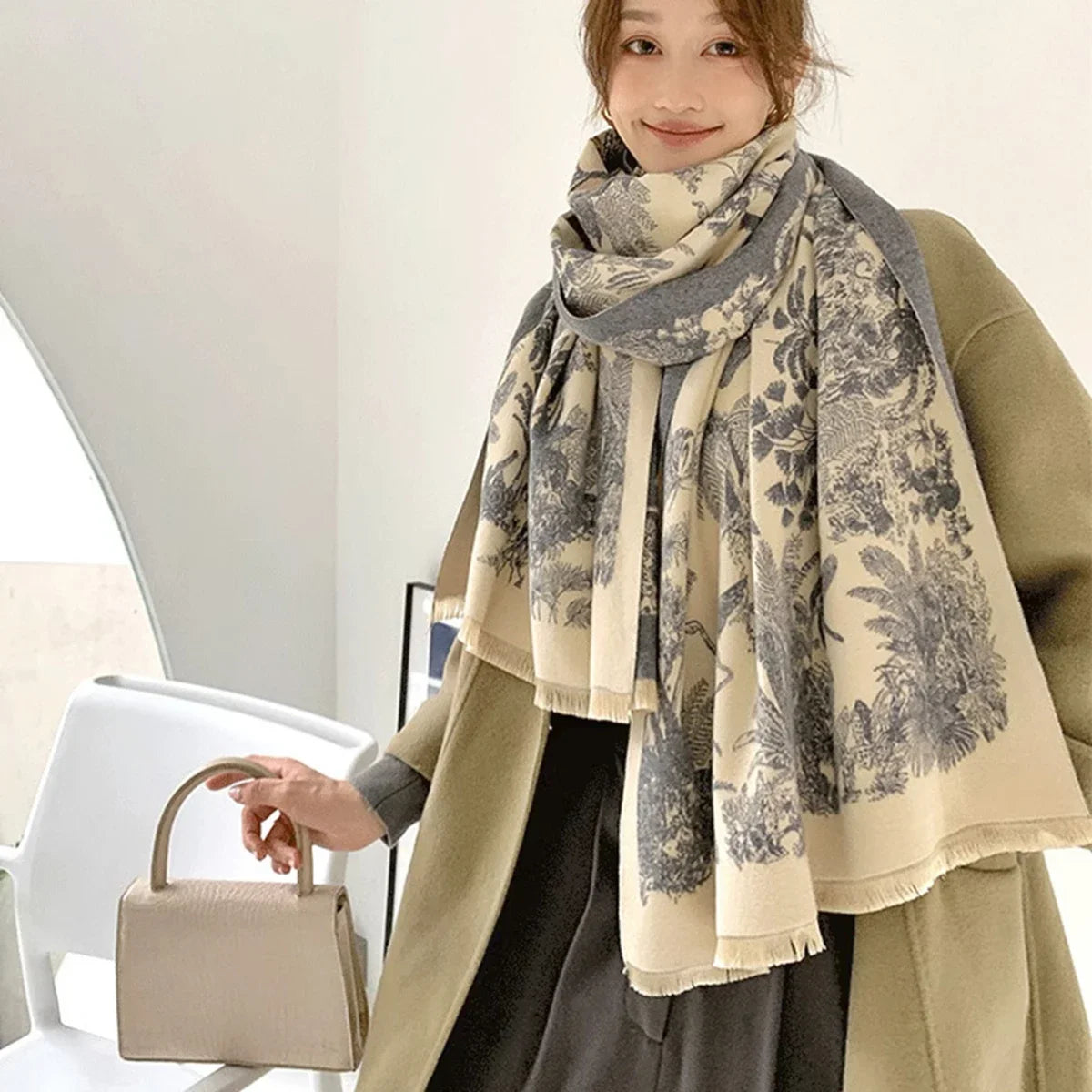 Luxury Floral Cashmere-Feel Winter Scarf - Fringed Shawl Wrap