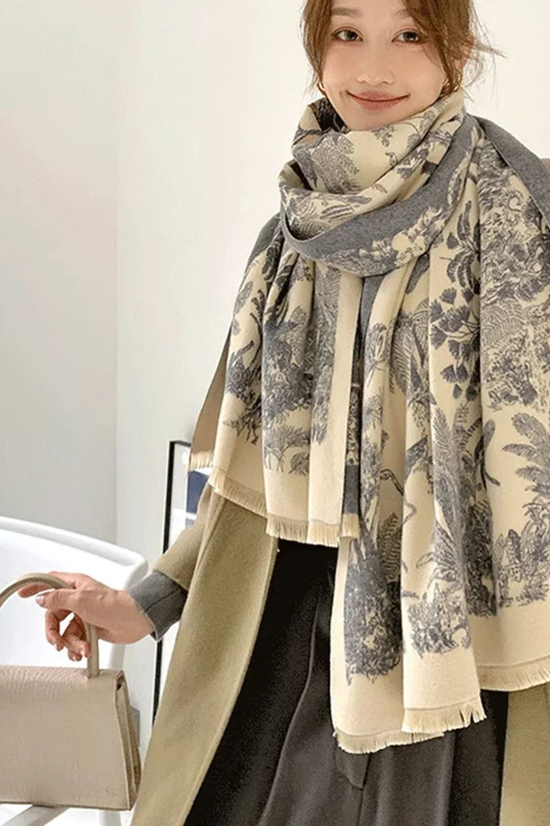Luxury Floral Cashmere-Feel Winter Scarf - Fringed Shawl Wrap