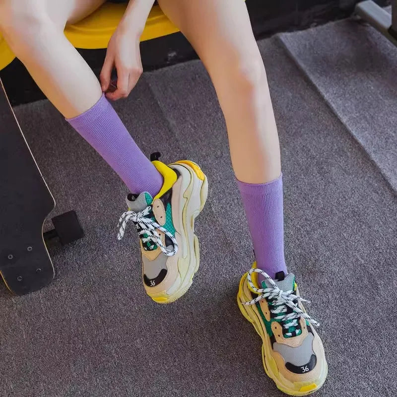 Solid Color Crew Socks - Breathable Preppy Mid-Calf Style