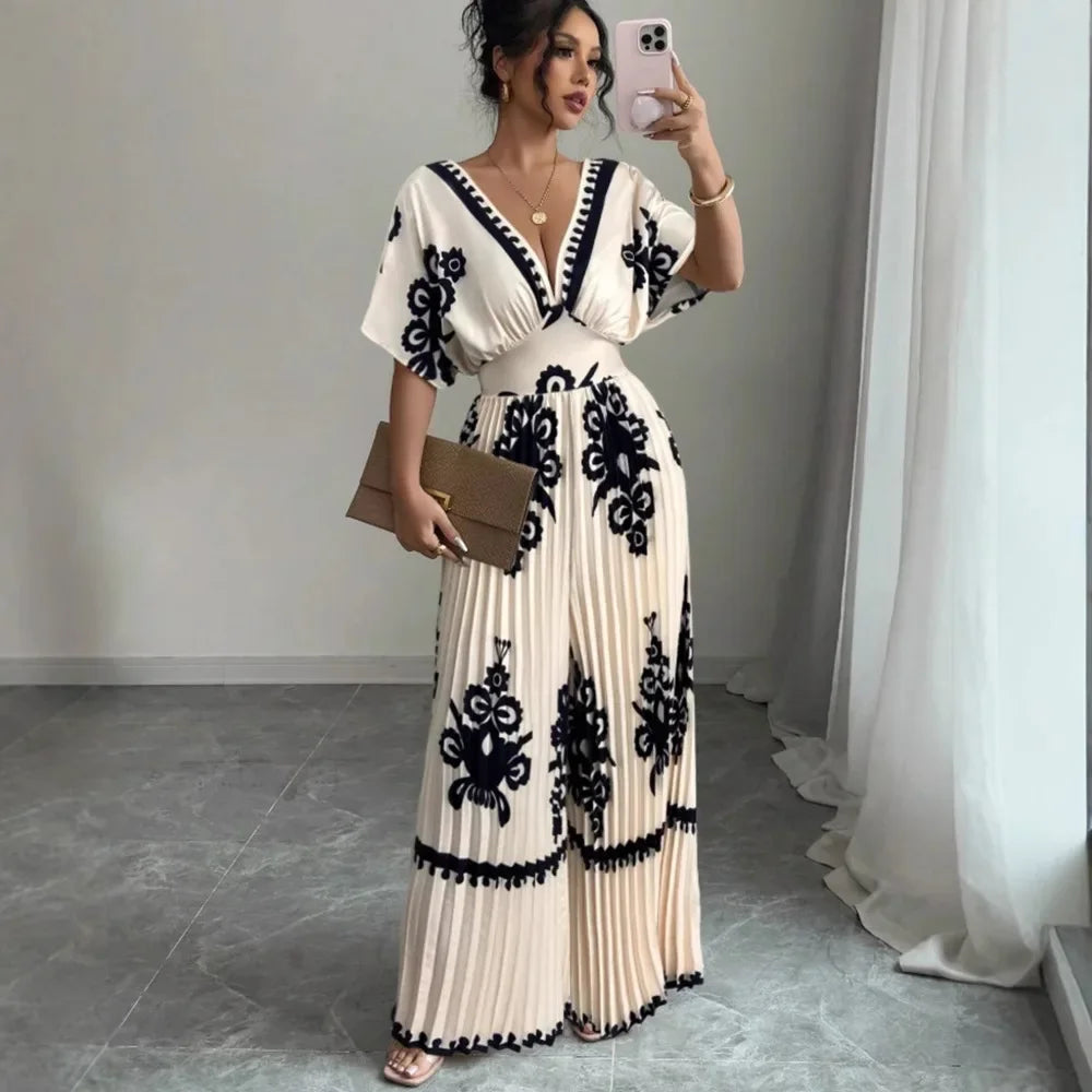 Deep V-Neck Short Sleeve Wide-Leg Jumpsuit - Elegant One-Piece
