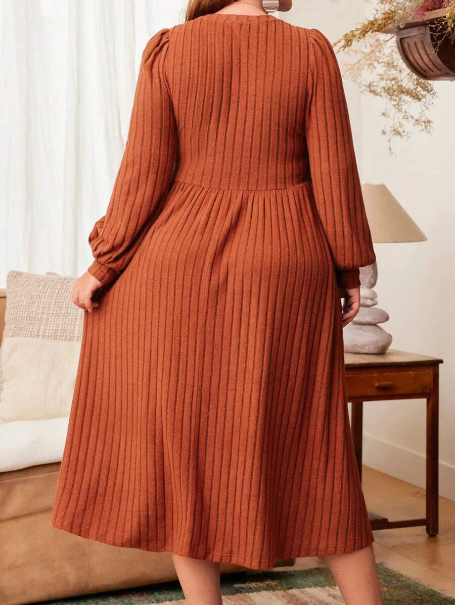 Plus Size Long Sleeve Maxi Dress - Solid Round Neck Elegance