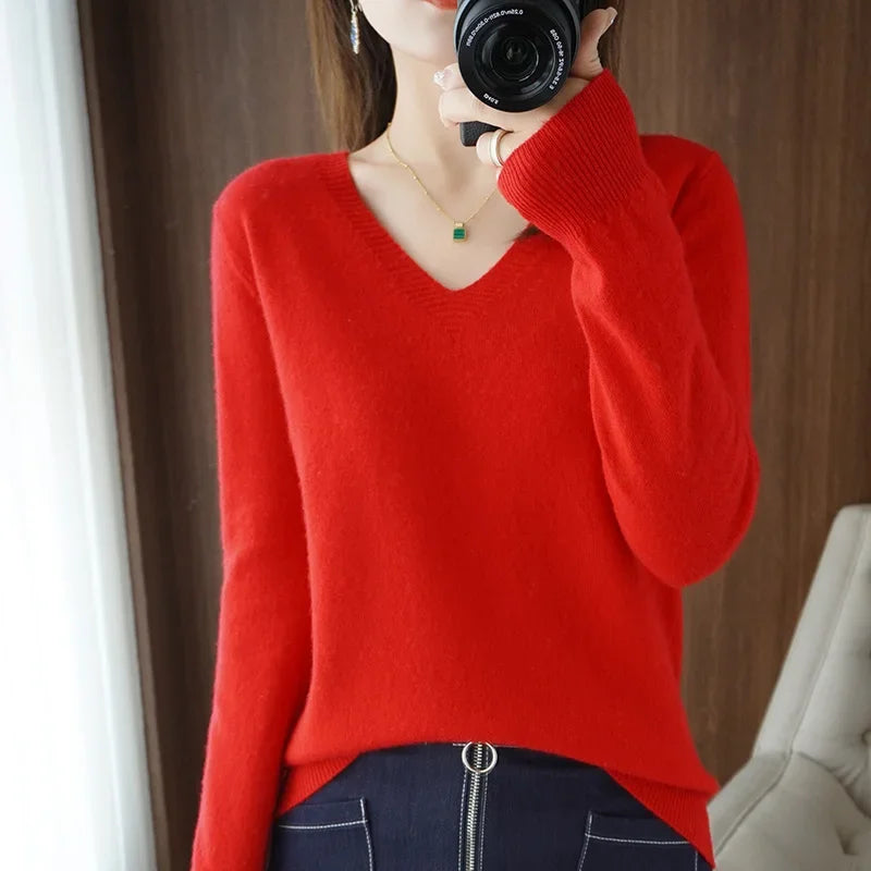 Premium V-Neck Knit Sweater - Soft Solid Color Pullover