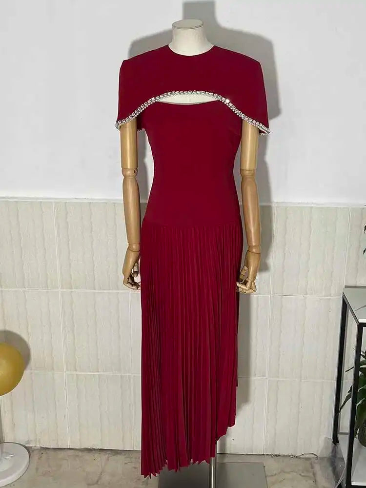 DEAT Elegant 2 Pcs Set  Diamond Embedded Short Shawl Camisole Waist Pleated Asymmetric Dress Suit Spring 2026 New Tide 13DB5108