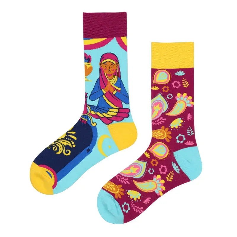 Colorful Print Cotton Socks - Unisex Mid-Tube Casual Pair